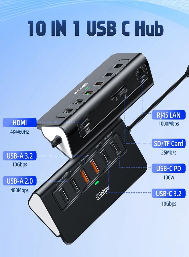 intpw USB C Hub Ethernet, 10Gbps USB C Docking Station 10-in-1 with 4K@60Hz HDMI, Type-C & 2 USB A 3.2 Data, LAN, 2 USB A 2.0, PD 100W, SD/TF Ports, Powered USB Hub for Laptop, PC, iPhone 16/15, Mac - Image 2