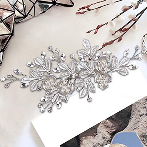 CROWN GUIDE Crystal Rhinestone Bridal Hair Comb Barrette Handmade Flower Clip Pin Wedding Hair Accessories Pieces for Women Silver - Image 3