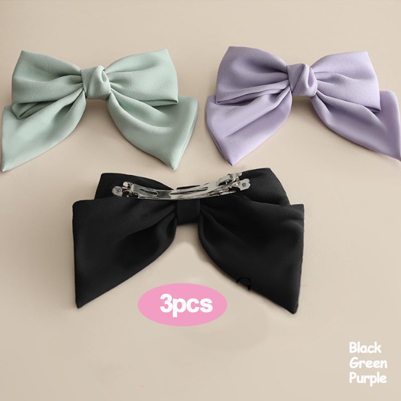 iRIIRIO 3pcs Hair Barrettes With Solid Colors Bows Hair Clips with Bowknot for French Hair Style for Girls Women (black/green/purple) - Image 3