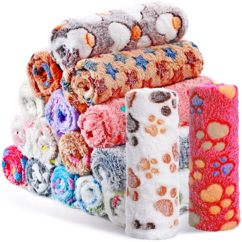 Chumia 18 Pcs Fleece Puppy Blanket Bulk, Soft Warm Pet Blanket with Paw Bone Star Elephant Dot Heart Printed Fluffy Throw Bed Mat for Small Medium Dog Cat Kitten Animals(23 x 16 Inch, Sweet) - Image 1