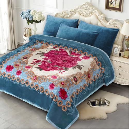 JYK Korean Mink Fleece Flannel Blanket Queen Size 75" x 87", 5 Pounds - 2 Ply Reversible Silky Soft Plush Warm, Comfy Blanket for Autumn, Winter - Blue/Peony - Image 1
