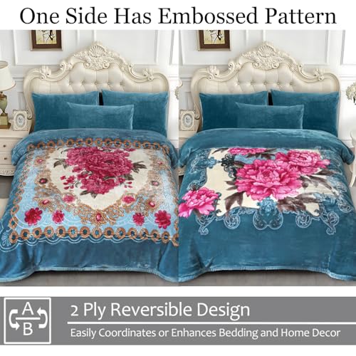 JYK Korean Mink Fleece Flannel Blanket Queen Size 75" x 87", 5 Pounds - 2 Ply Reversible Silky Soft Plush Warm, Comfy Blanket for Autumn, Winter - Blue/Peony - Image 3