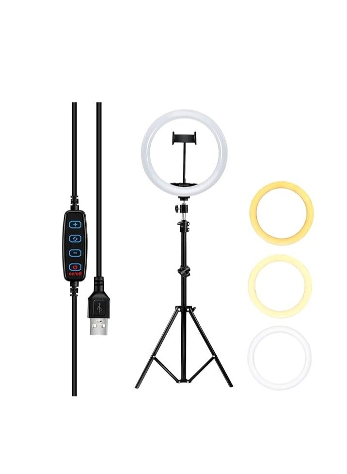 حلقة إضاءة سيلفي، حلقة إضاءة LED قابلة للتعتيم مقاس 10 بوصات مع حامل ثلاثي القوائم قابل للتعديل وحامل هاتف، 3 أوضاع إضاءة و10 مستويات سطوع للبث المباشر والمكياج ويوتيوب وتيك توك والتصوير الفوتوغرافي - Image 1