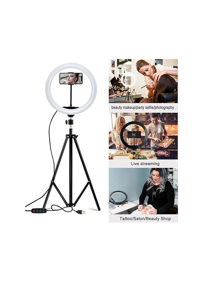حلقة إضاءة سيلفي، حلقة إضاءة LED قابلة للتعتيم مقاس 10 بوصات مع حامل ثلاثي القوائم قابل للتعديل وحامل هاتف، 3 أوضاع إضاءة و10 مستويات سطوع للبث المباشر والمكياج ويوتيوب وتيك توك والتصوير الفوتوغرافي - Image 2
