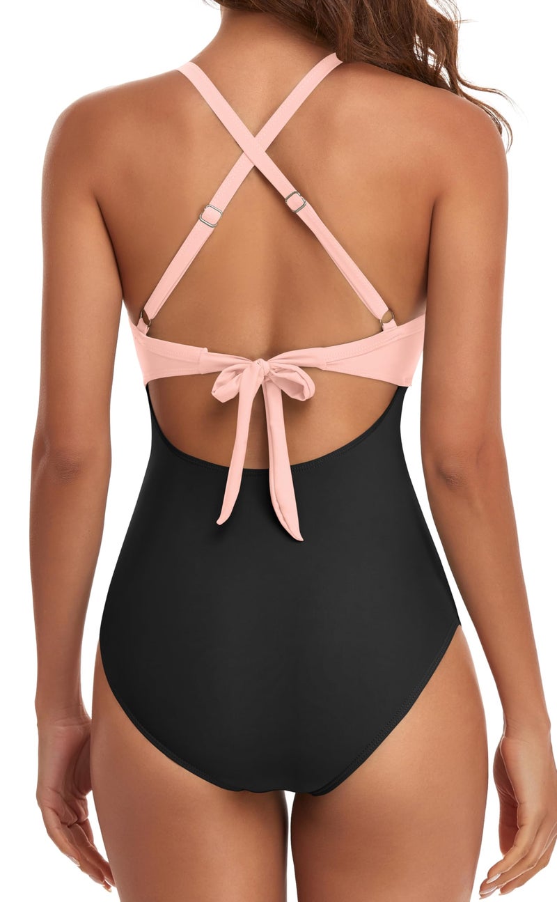 Eomenie Women's One Piece Swimsuits Tummy Control Cutout High Waisted Bathing Suit Wrap Tie Back 1 Piece Swimsuit Black Pink - Image 2