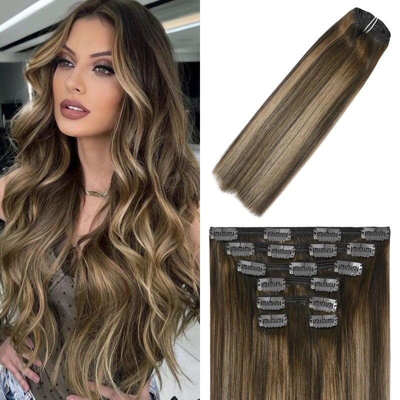 WindTouch Clip in Hair Extensions Ombre Medium Brown to Caramel Blonde Balayage Clip in Hair Extensions Real Human Hair 12Inch 7Pcs 100g