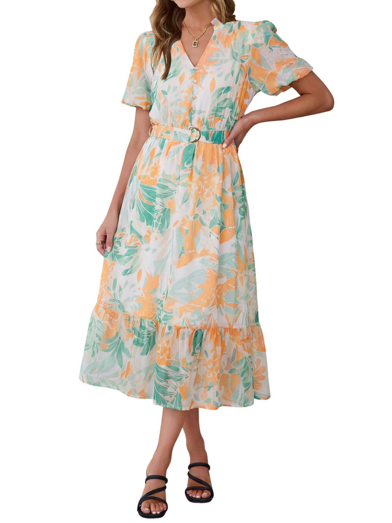 Simplee Womens Summer Boho Floral Midi Dress - Casual Beach Wedding Guest Chiffon A Line Belted Long Flowy Holiday Dresses 2026,Green M - Image 1