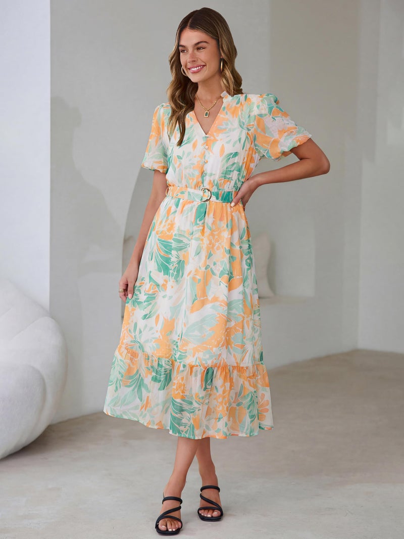 Simplee Womens Summer Boho Floral Midi Dress - Casual Beach Wedding Guest Chiffon A Line Belted Long Flowy Holiday Dresses 2026,Green M - Image 4
