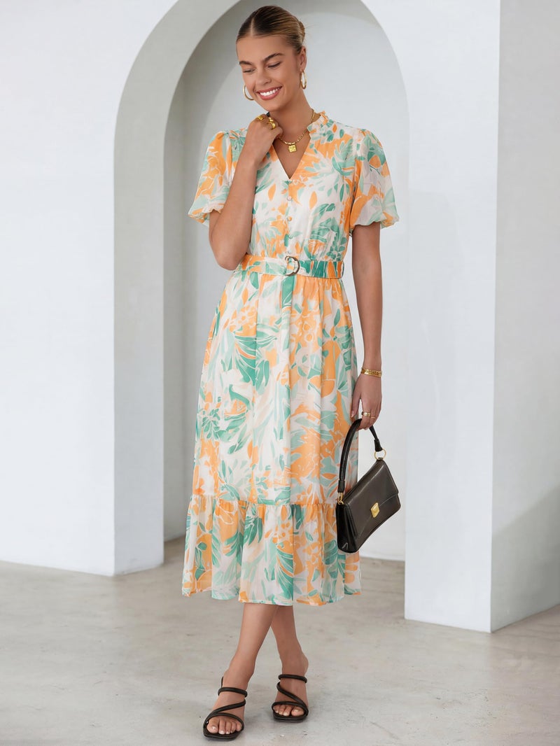 Simplee Womens Summer Boho Floral Midi Dress - Casual Beach Wedding Guest Chiffon A Line Belted Long Flowy Holiday Dresses 2026,Green M - Image 3