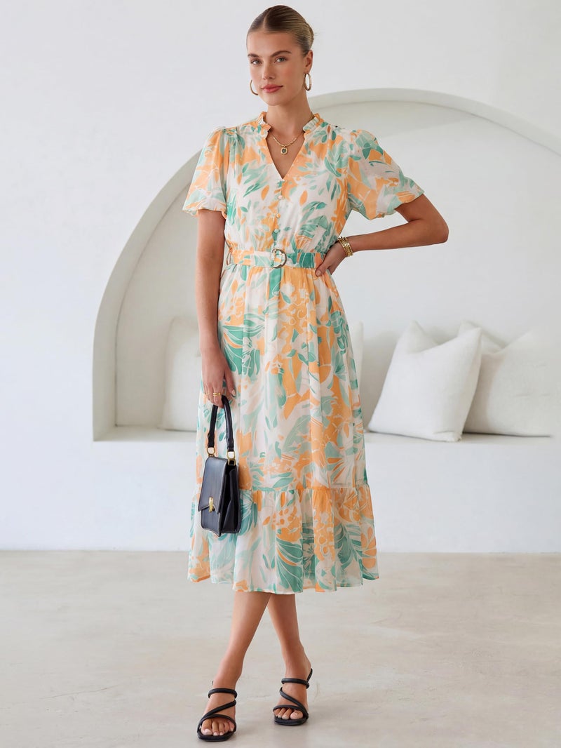 Simplee Womens Summer Boho Floral Midi Dress - Casual Beach Wedding Guest Chiffon A Line Belted Long Flowy Holiday Dresses 2026,Green M - Image 2