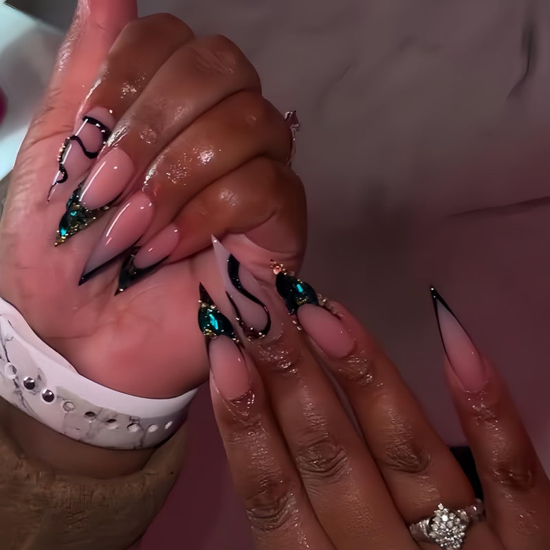 SEENEEY Long Press on Nails Stiletto Fake Nails French False Nails Pink Artificial Nails with Green Rhinestones Designs Sparkly Acrylic Nails Press ons Cute Stick on Nails for Women 24pcs - Image 1