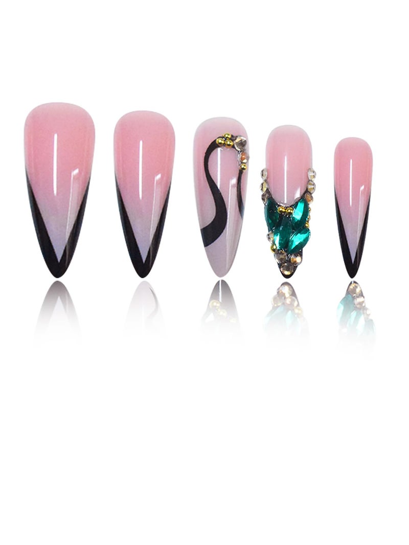 SEENEEY Long Press on Nails Stiletto Fake Nails French False Nails Pink Artificial Nails with Green Rhinestones Designs Sparkly Acrylic Nails Press ons Cute Stick on Nails for Women 24pcs - Image 2