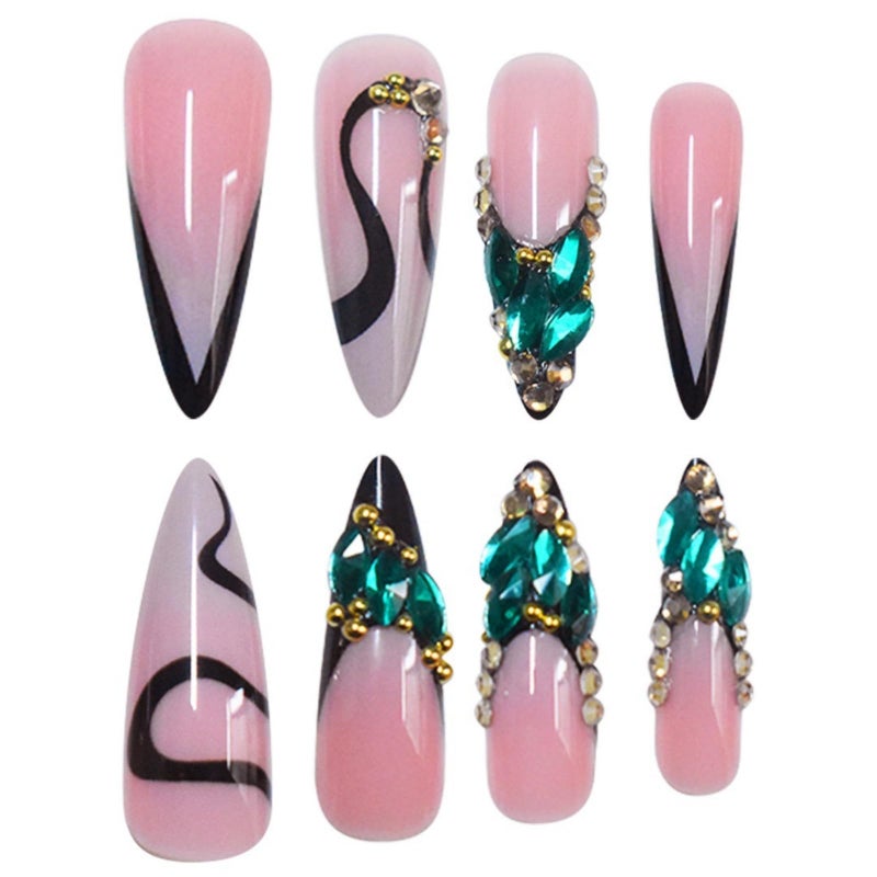 SEENEEY Long Press on Nails Stiletto Fake Nails French False Nails Pink Artificial Nails with Green Rhinestones Designs Sparkly Acrylic Nails Press ons Cute Stick on Nails for Women 24pcs - Image 4