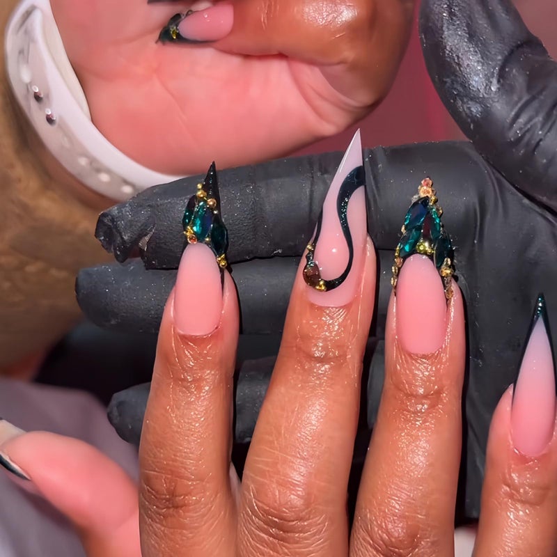 SEENEEY Long Press on Nails Stiletto Fake Nails French False Nails Pink Artificial Nails with Green Rhinestones Designs Sparkly Acrylic Nails Press ons Cute Stick on Nails for Women 24pcs - Image 3