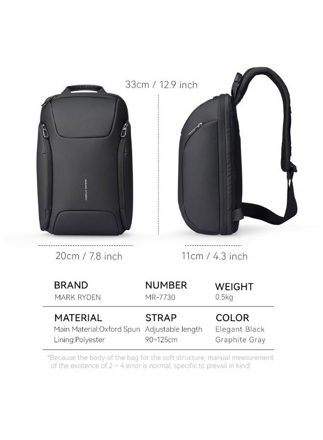 Mark Ryden MR-7730 Black Future Series Crossbody Sling Bag – iPad Compartment, Waterproof Oxford, Breathable Back Panel, Multi-Pocket Design, YKK Zippers, Retractable Key Fob - Image 2
