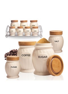 Porcelain Kitchen Canister Set of 7 with Steel Stand, White Ceramic Kitchen Canister Set with Airtight Lids, Durable & Fade-Resistant, Upgrade Your Storage with Sturdy Ceramic jar Containers