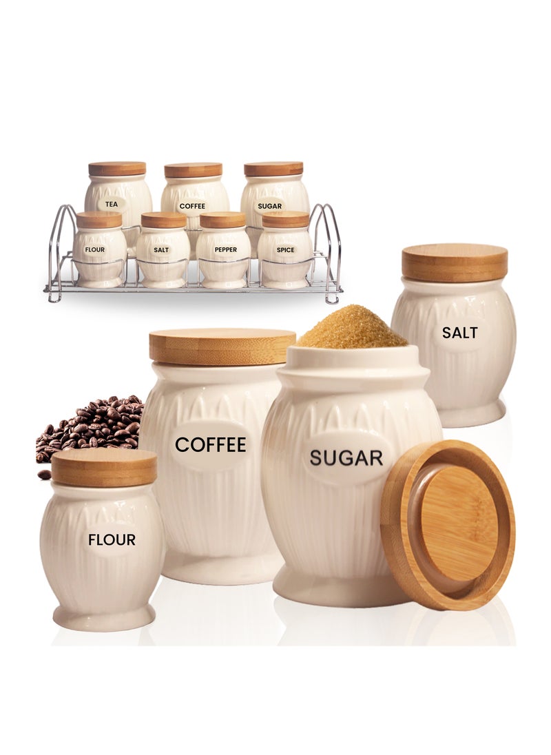 Al-Nokhba - Porcelain Kitchen Canister Set of 7 with Steel Stand, White Ceramic Kitchen Canister Set with Airtight Lids, Durable & Fade-Resistant, Upgrade Your Storage with Sturdy Ceramic jar Containers - Image 1