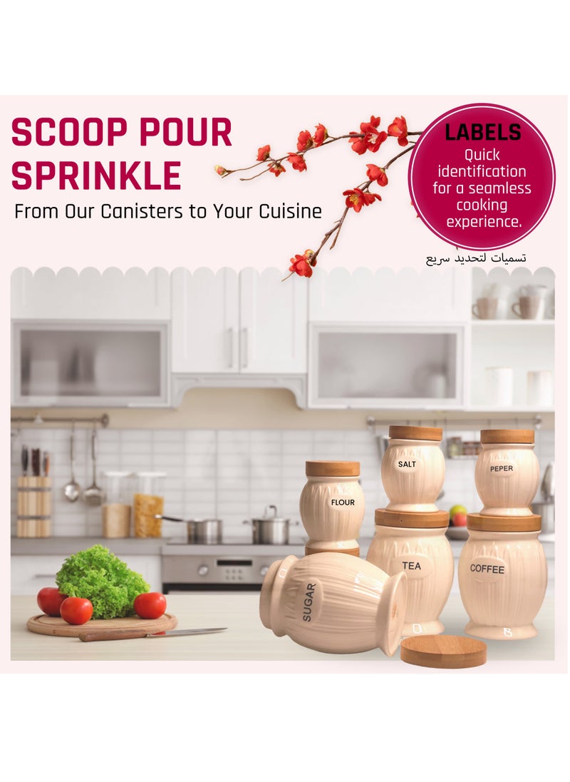 Al-Nokhba - Porcelain Kitchen Canister Set of 7 with Steel Stand, White Ceramic Kitchen Canister Set with Airtight Lids, Durable & Fade-Resistant, Upgrade Your Storage with Sturdy Ceramic jar Containers - Image 1