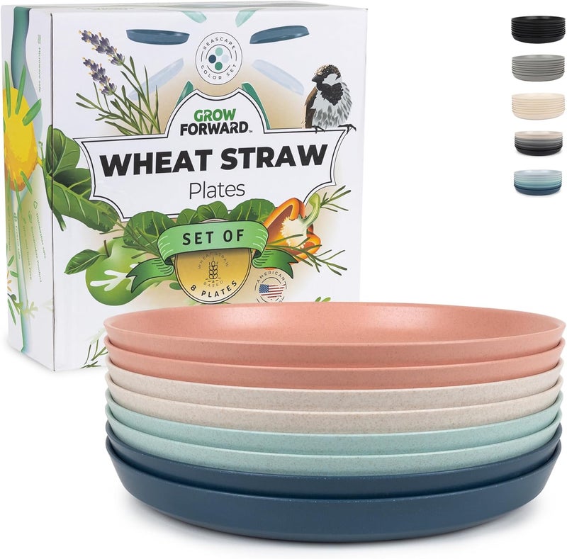 Grow Forward Premium Wheat Straw Plates  10 Inch Reusable Hard Plastic Dinner Plates Set of 8  Unbreakable Microwave Safe Plates for Dessert Camping RV Outdoors Patio Kitchen Dishes  Tropical - Image 1