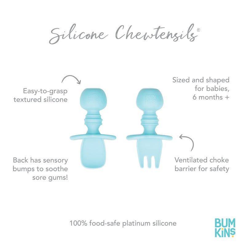 Bumkins Baby Utensils Set, Chewtensils Silicone Spoons for Dipping, Self-Feeding, Baby Led Weaning, Trainer Learning First Stage Eating, Soft Practice Fork and Spoon, Babies 6 Months, Blue - Image 5