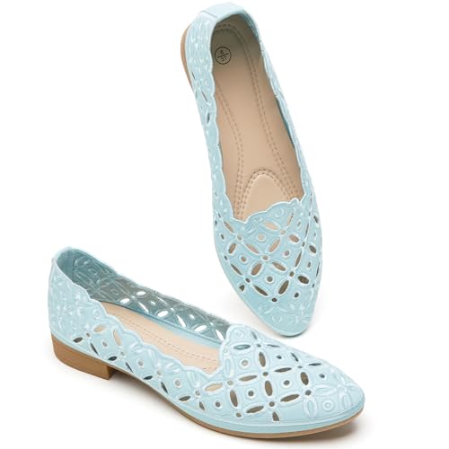 BABUDOG Womens Flats,Black and White Dress Flats with Flower Eyelets,Breathable Ballet Flats(Light Green.US9) - Image 1