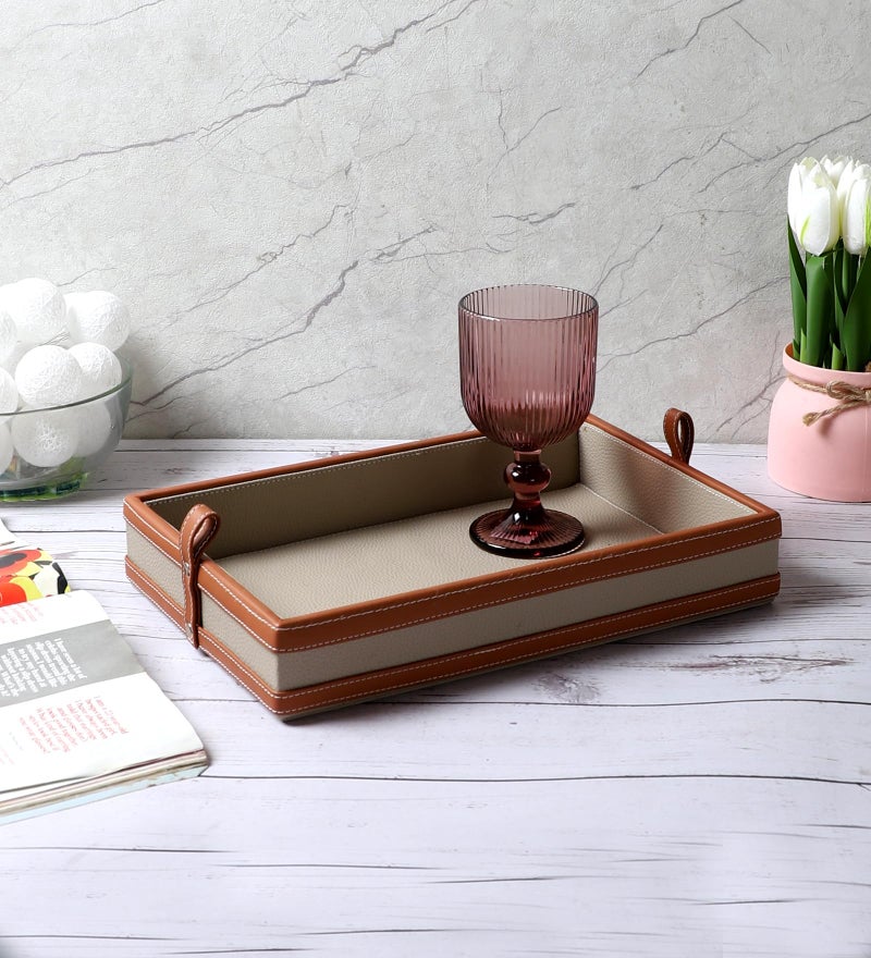 AKWAY Faux Leather Serving Tray for Dining Table, Decoration, Parties, Storage, Utensils, Home décor Paper Tray and Folders Holder for Desk Organizer Accessories (Cream) - Image 3