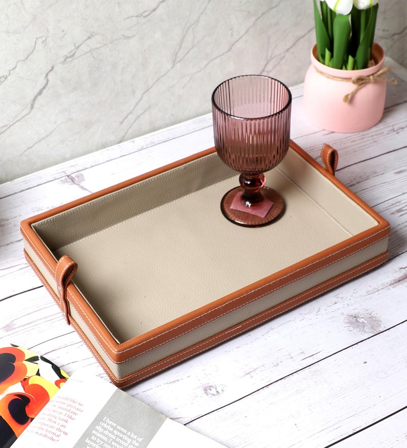 AKWAY Faux Leather Serving Tray for Dining Table, Decoration, Parties, Storage, Utensils, Home décor Paper Tray and Folders Holder for Desk Organizer Accessories (Cream) - Image 1