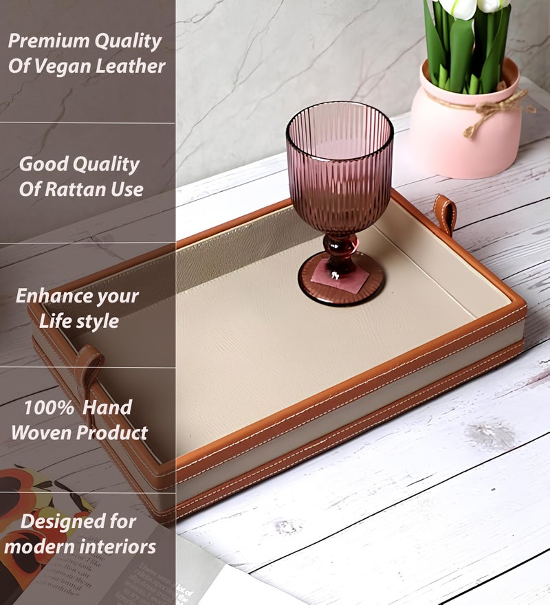 AKWAY Faux Leather Serving Tray for Dining Table, Decoration, Parties, Storage, Utensils, Home décor Paper Tray and Folders Holder for Desk Organizer Accessories (Cream) - Image 2