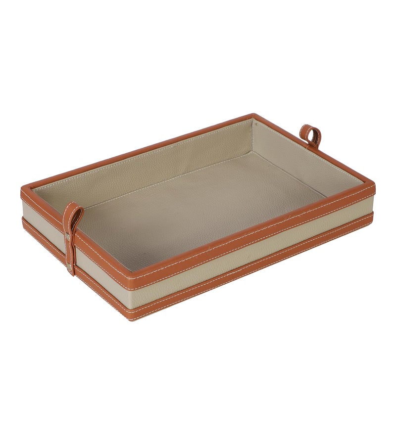 AKWAY Faux Leather Serving Tray for Dining Table, Decoration, Parties, Storage, Utensils, Home décor Paper Tray and Folders Holder for Desk Organizer Accessories (Cream) - Image 5