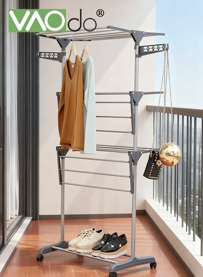 فاو دو رف تجفيف ذو 4 طبقات مع عجلات، حامل تجفيف ملابس قابل للطيّ، حامل تجفيف ملابس فولاذي متحرك، حامل تجفيف ملابس قابل للتمديد للاستخدام الخارجي في الأماكن المغلقة - Image 1