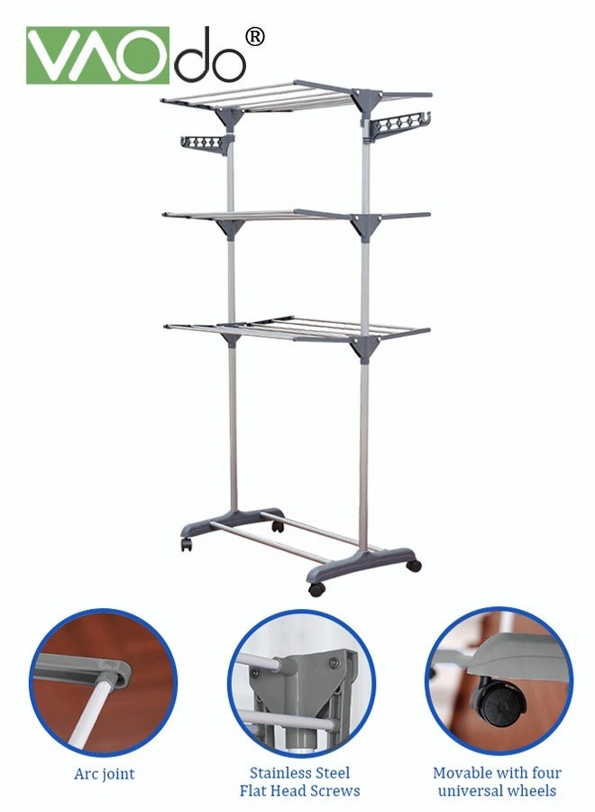 فاو دو رف تجفيف ذو 4 طبقات مع عجلات، حامل تجفيف ملابس قابل للطيّ، حامل تجفيف ملابس فولاذي متحرك، حامل تجفيف ملابس قابل للتمديد للاستخدام الخارجي في الأماكن المغلقة - Image 5