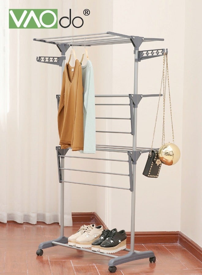فاو دو رف تجفيف ذو 4 طبقات مع عجلات، حامل تجفيف ملابس قابل للطيّ، حامل تجفيف ملابس فولاذي متحرك، حامل تجفيف ملابس قابل للتمديد للاستخدام الخارجي في الأماكن المغلقة - Image 2