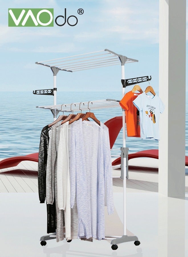 فاو دو رف تجفيف ذو 4 طبقات مع عجلات، حامل تجفيف ملابس قابل للطيّ، حامل تجفيف ملابس فولاذي متحرك، حامل تجفيف ملابس قابل للتمديد للاستخدام الخارجي في الأماكن المغلقة - Image 4