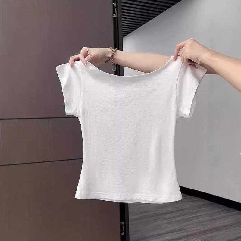 Pure Spice Girl Short-Sleeved T-Shirt Women'S French Style Shoulder Short Base Slim-Fit Clavicle Simple Top Ins - Image 3