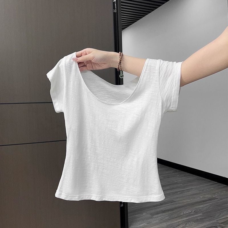 Pure Spice Girl Short-Sleeved T-Shirt Women'S French Style Shoulder Short Base Slim-Fit Clavicle Simple Top Ins - Image 2