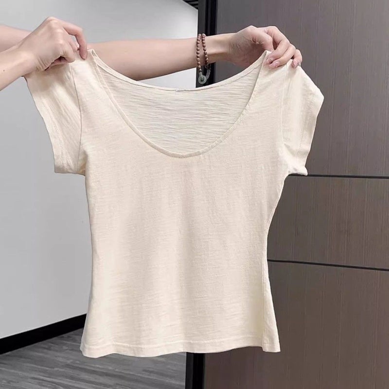 Pure Spice Girl Short-Sleeved T-Shirt Women'S French Style Shoulder Short Base Slim-Fit Clavicle Simple Top Ins - Image 5