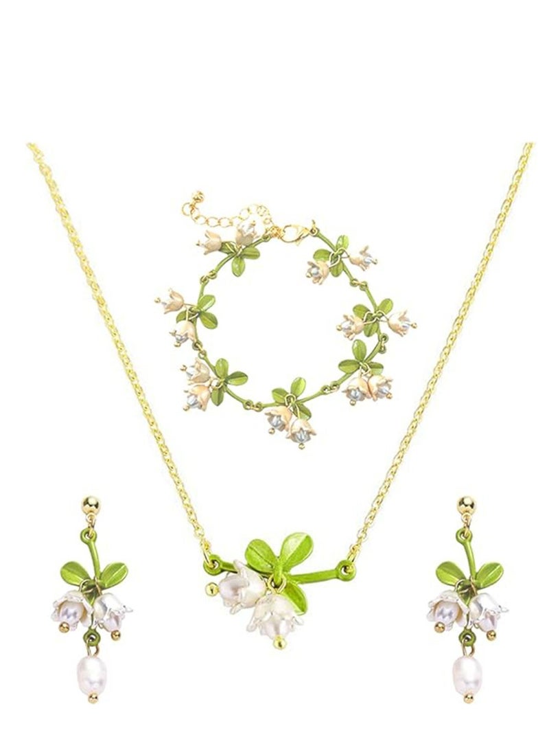 SOLARAE Lily Jewelry, White Flower Necklaces for Women, Lily Flower Dangle Earrings Lily Bracelet Lily Gold Prom Jewelry Sets for Women Bride Wedding Girls, Made of High Quality Alloy (3Pcs) - Image 1