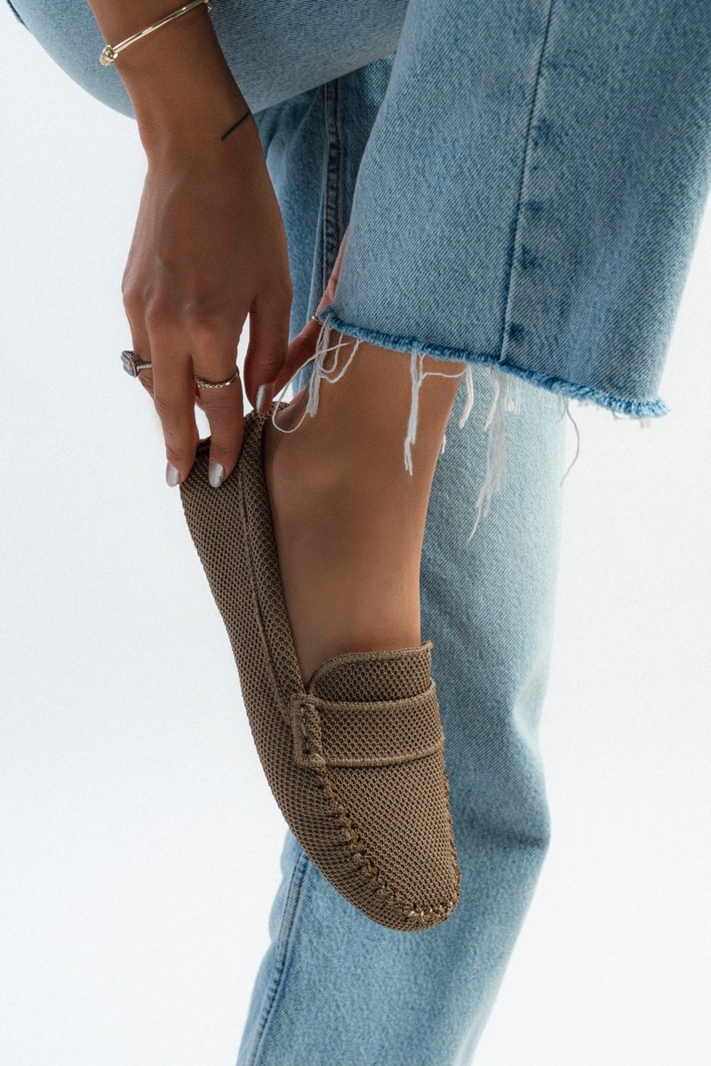 Astoria Dark Beige Knitwear Inner Leather Flat Sole Women's Ballerinas