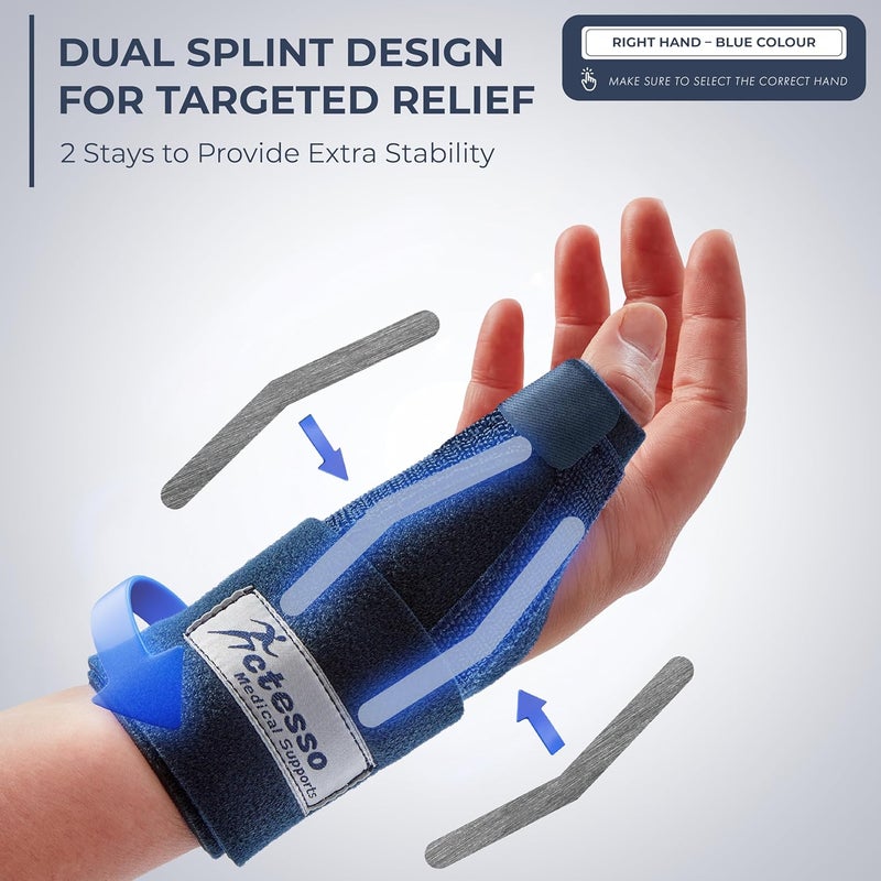 Actesso Neoprene Thumb Splint Brace Support Relief from Injury Wrist Tendonitis De Quervains Arthritis Trigger Thumb Sprains Left or Right Spica Blue One Size Right Hand - Image 2