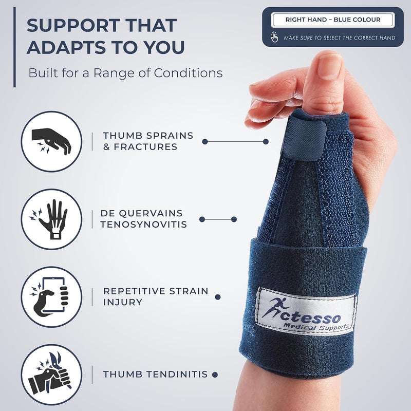 Actesso Neoprene Thumb Splint Brace Support Relief from Injury Wrist Tendonitis De Quervains Arthritis Trigger Thumb Sprains Left or Right Spica Blue One Size Right Hand - Image 3