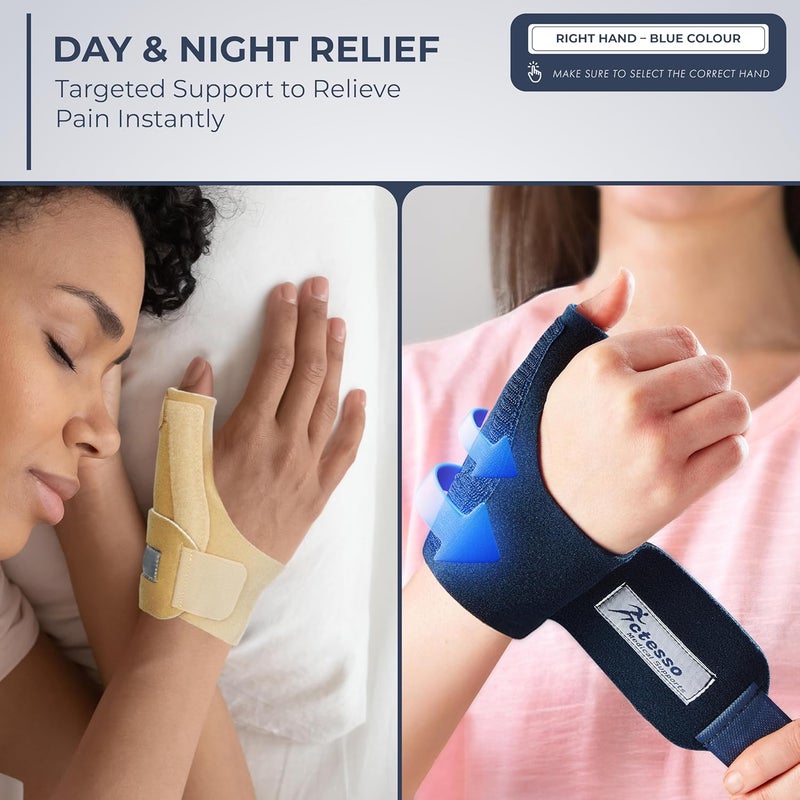 Actesso Neoprene Thumb Splint Brace Support Relief from Injury Wrist Tendonitis De Quervains Arthritis Trigger Thumb Sprains Left or Right Spica Blue One Size Right Hand - Image 4