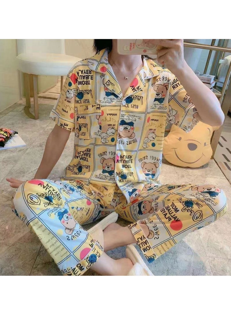 DubaiGallery Women Pyjamas Set PJ Ladies Silk Satin Short Sleeve Print Button Up Loungewear