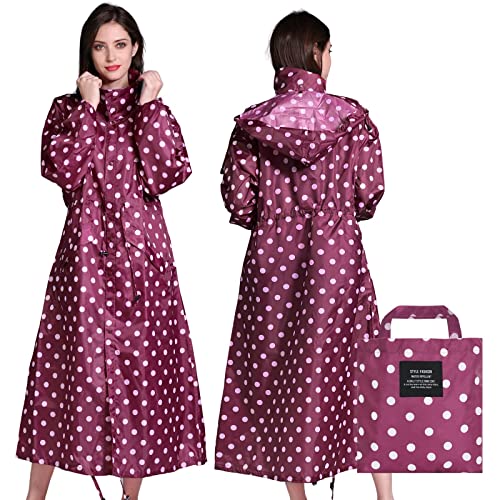 LAMA Womens Long Raincoats Rain Jacket Waterproof Packable Outdoor Hooded Windbreaker Lightweight Adjustable Waist for Outdoors(Red Point, XL) - Image 1
