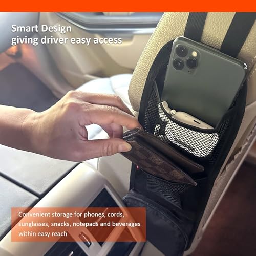 DETACHI Car Seat Side Organizer, Pack 1 Auto Seat Storage Hanging Bag, Multi-Pocket Storage Bag, Phones, Drink, Stuff Holder with Mesh Pocket for Cars, SUV & Truck(Black, 42X14X4CM) - Image 2
