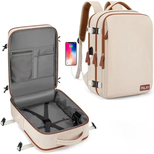 PALAY® Travel Laptop Backpack,40L Double Layer 15.6 Inch Travel Laptop Backpack Fashion Beige Safe Anti-Theft Waterproof Oxford Cloth with Shoe Bag - Image 1