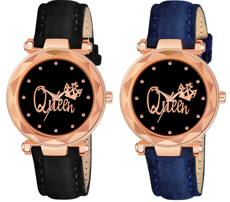 CERO Pack of 2 Queen Dial Leathers Strap Analog Women and Girls Watch (Black & Blue) - Image 2