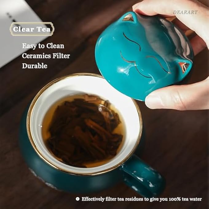 DEARART كوب شاي جميل مع فلتر غطاء سعة 300 مل مصنوع من مادة السيراميك سهل التنظيف يحافظ على سخونة الماء أثناء النقع كيس أوراق الشاي السائبة مع حليب القهوة قطة لطيفة باللون الأخضر - Image 4