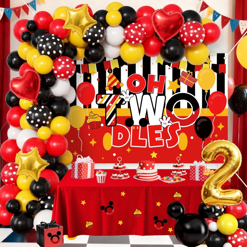 jenmir 2nd Birthday Decorations for Boys Girls - Oh Twodles Cartoon Theme Party Supplies with 5x3ft Backdrop & Red Tablecloth - 78Pcs Red Black Yellow Balloon Garland Arch Kit Number 2 Foil Balloon - Image 1