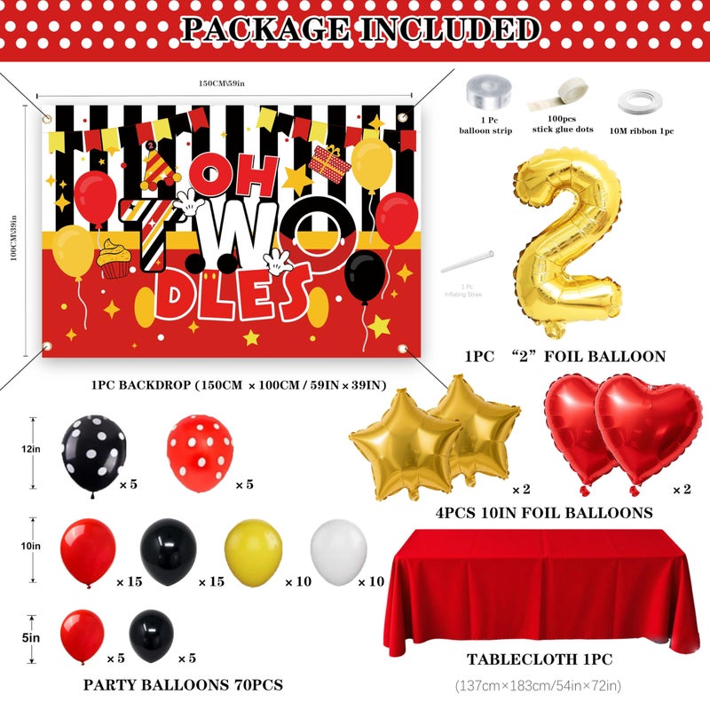 jenmir 2nd Birthday Decorations for Boys Girls - Oh Twodles Cartoon Theme Party Supplies with 5x3ft Backdrop & Red Tablecloth - 78Pcs Red Black Yellow Balloon Garland Arch Kit Number 2 Foil Balloon - Image 2