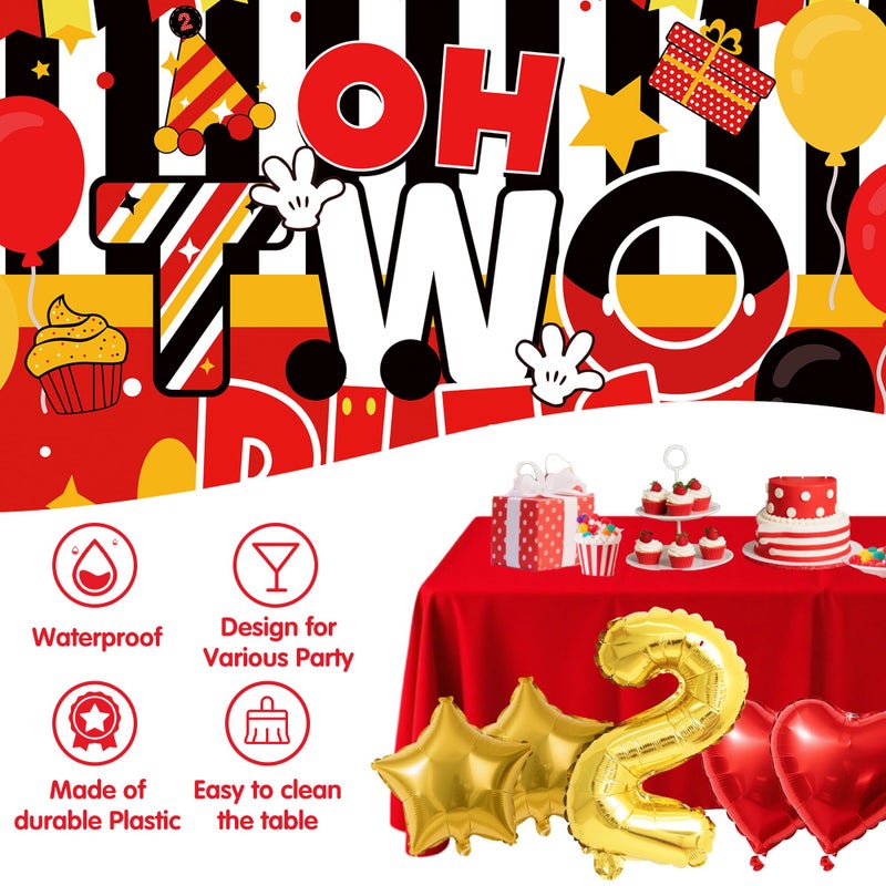 jenmir 2nd Birthday Decorations for Boys Girls - Oh Twodles Cartoon Theme Party Supplies with 5x3ft Backdrop & Red Tablecloth - 78Pcs Red Black Yellow Balloon Garland Arch Kit Number 2 Foil Balloon - Image 5